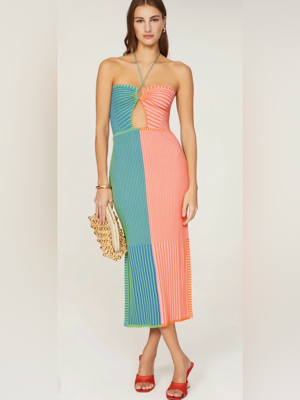 Solid & Striped Lisa Midi Colorblock Ribbed Cutout Midi Dress Orange Teal R16